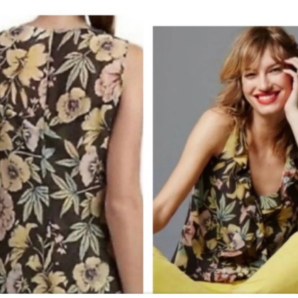 CAbi Black Floral Ruffle Blouse